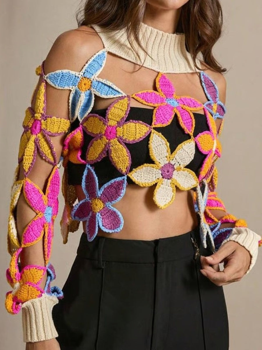 Hand Crocheted Fashion Turtleneck Crop Sweater