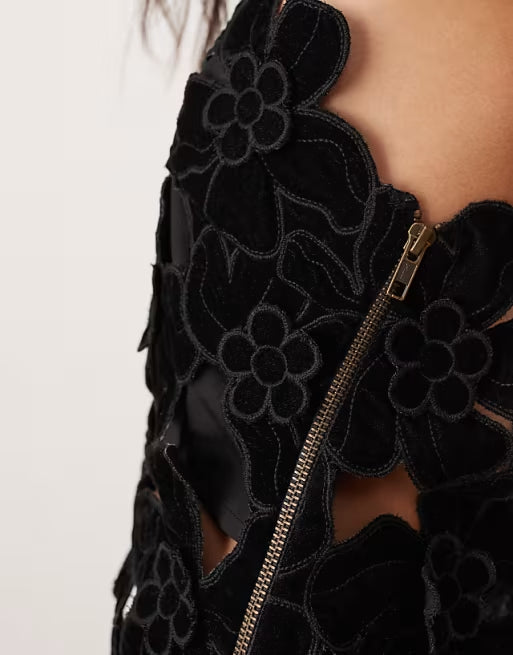 Embroidered velvet quilted open back turtleneck top