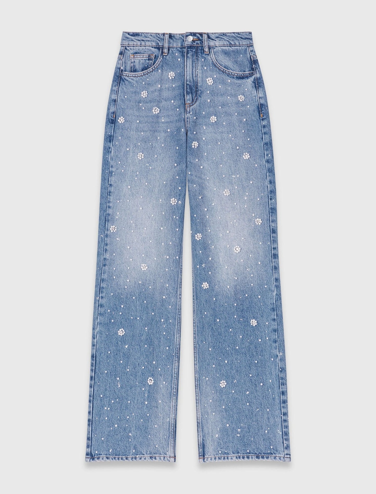 Wide-Leg Pearl Embroidered Jeans