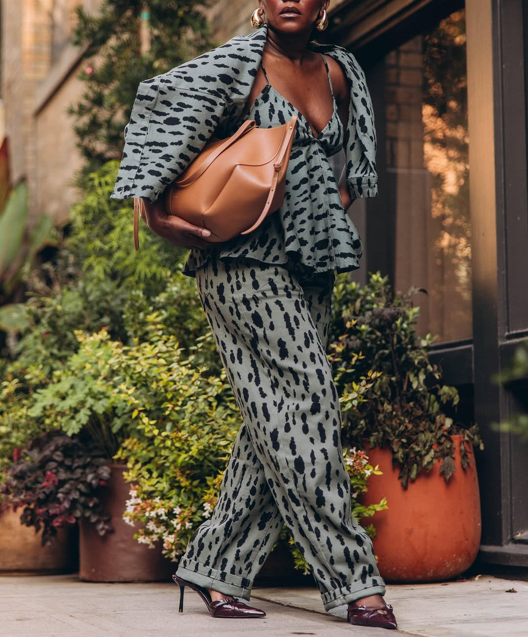 Leopard Print Denim Ruffled Top, Jacket And Trousers Three-Piece Suit