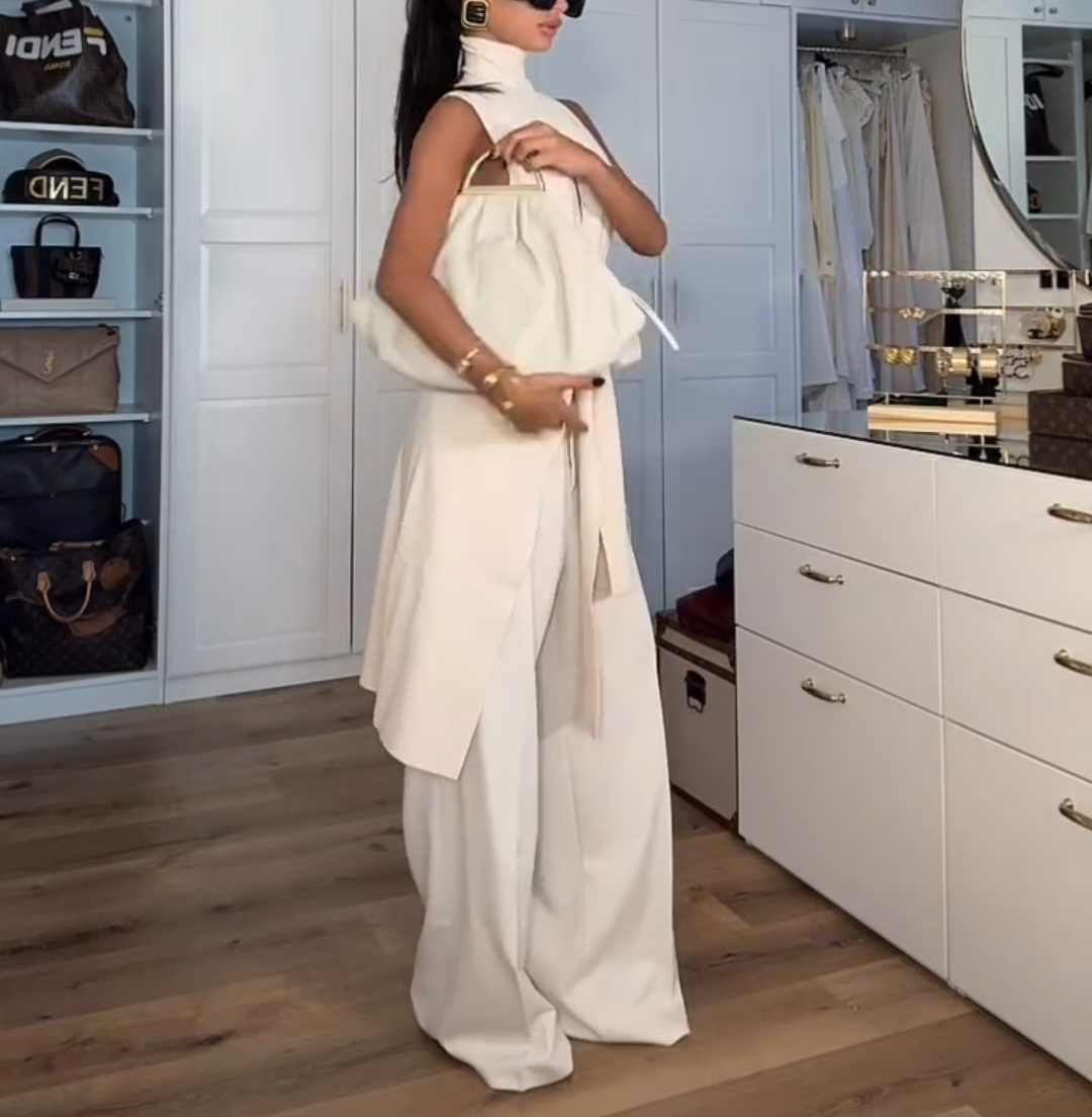 Fashionable Lace-Up Turtleneck Long Top and Pants 2-Piece Set