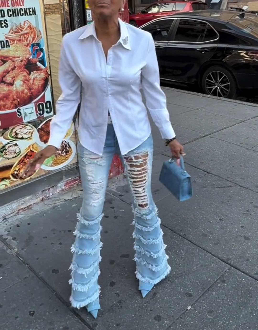 Tassel Ripped Washed Denim Flared Pants