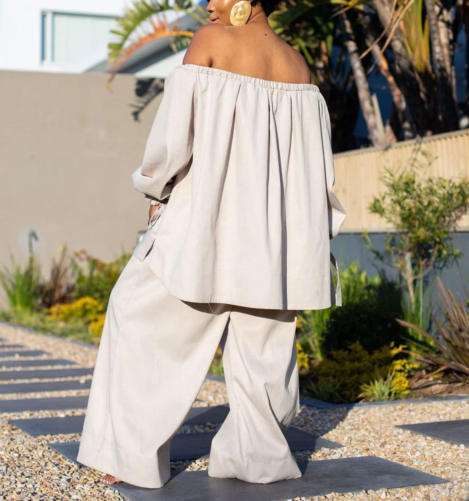 Loose-Fitting Off-Shoulder Top And Wide-Leg Pants Set