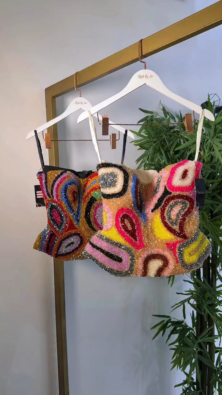 Beaded Abstract Print Bustier Top
