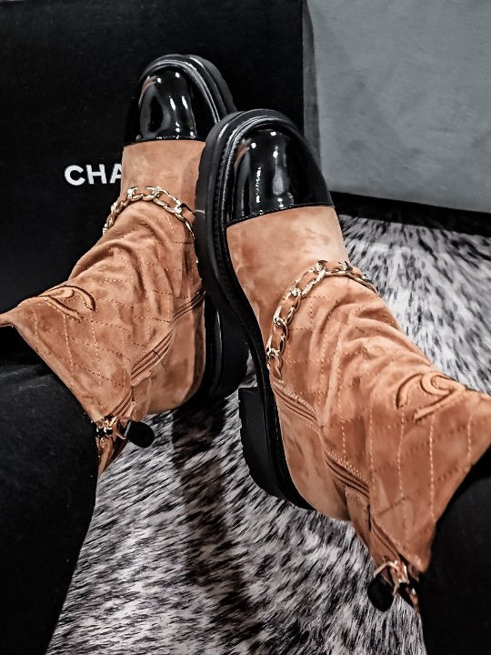 Suede And Patent Leather Chain-link Ankle Boots