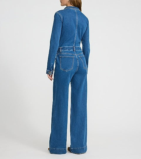 Stretch Denim Long Sleeve Button Front Wide Leg Jumpsuit
