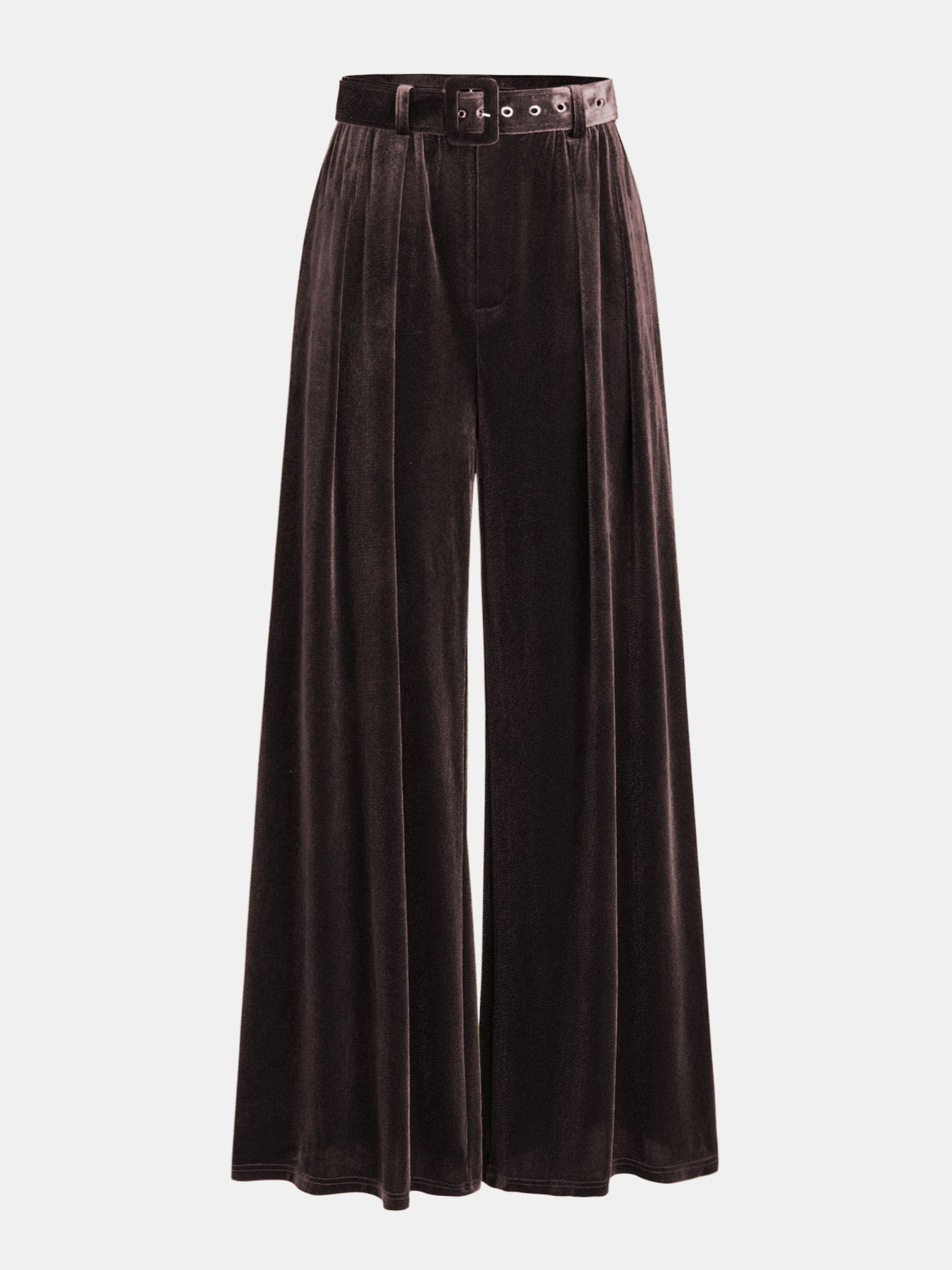 Belted Pleated Velvet Wide-Leg Pants