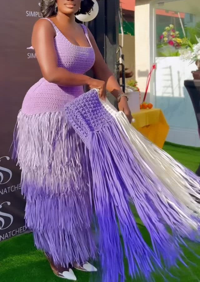 Colorblock Knitted Long Tassel Clutch