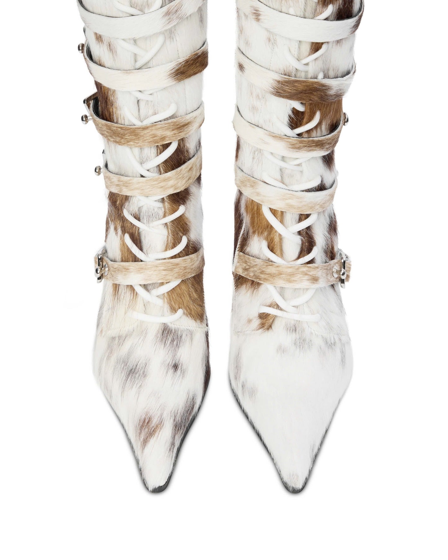 Cow-Print Lace-Up Stiletto Boots
