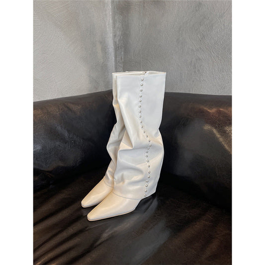 White Pointed Toe Natural Leather Boots