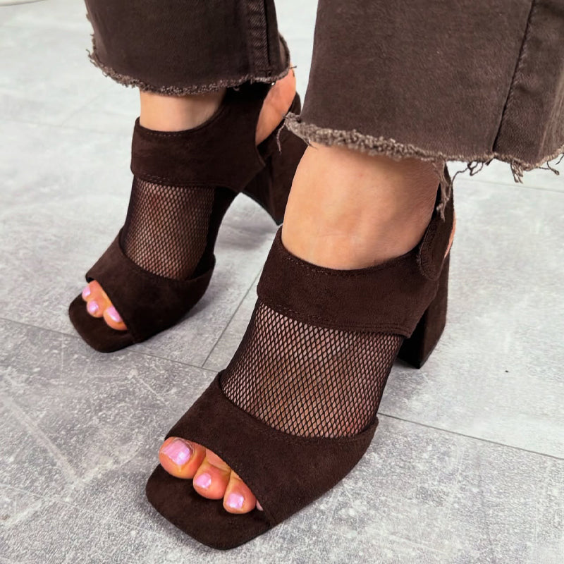 Fashion Mesh Cutout Thick Heel Fishmouth Sandals