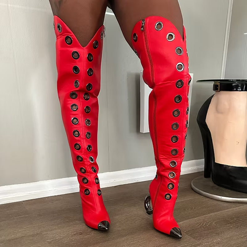 Pointed Toe Hollowed Out Thigh High Boots