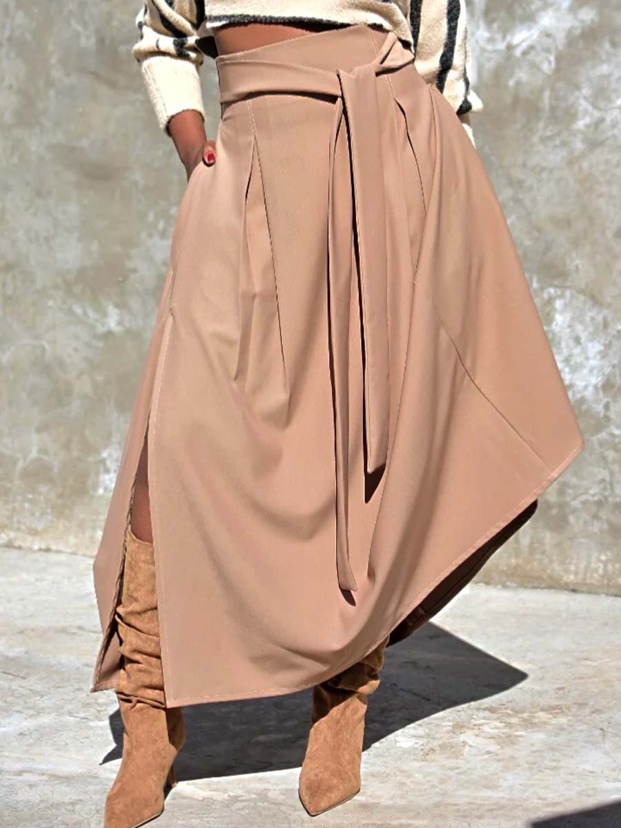 Khaki High Waist Split Belted Skirt