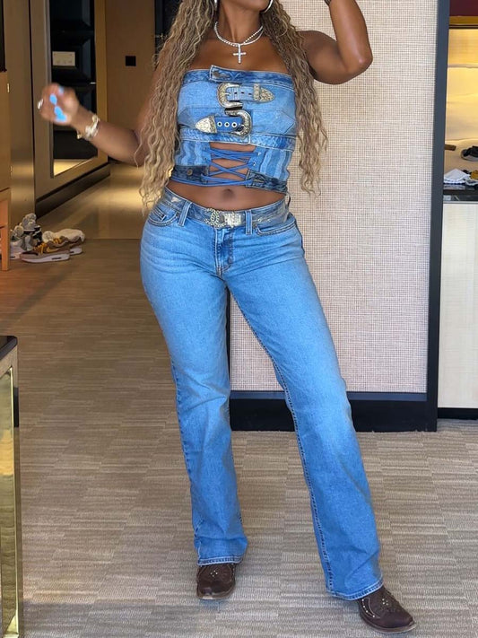 Belt Stitching Strapless Top