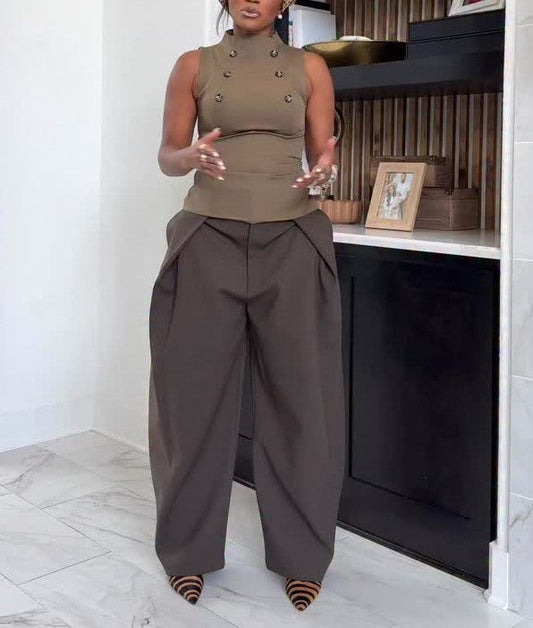 Brown Sleeveless Button-Down Top