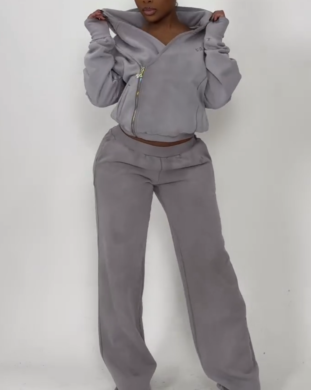 2-Piece Diagonal Zipper Pullover Sweatshirt and Trousers Set