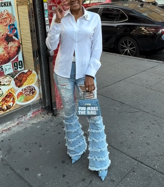 Tassel Ripped Washed Denim Flared Pants