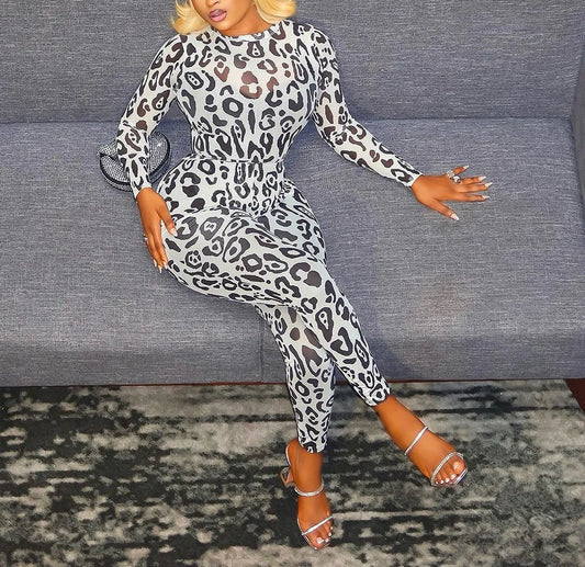 Leopard Print Bodysuit and Pants Two-Piece Set