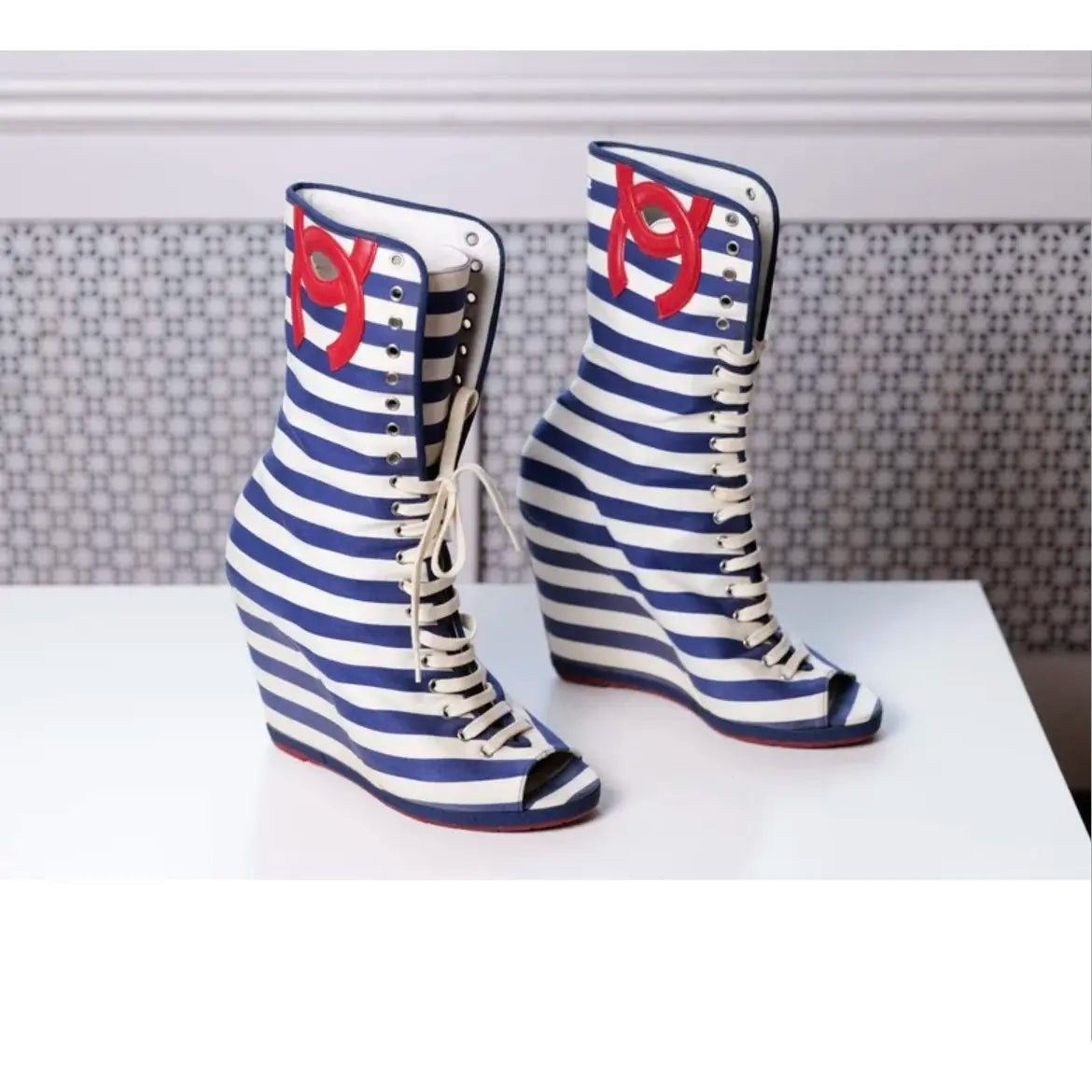 Double-C Striped Peep Toe Wedge Ankle Boots