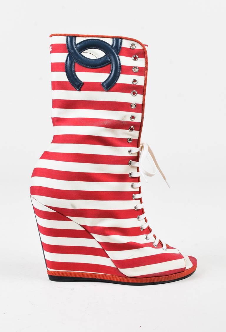 Double-C Striped Peep Toe Wedge Ankle Boots
