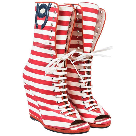 Double-C Striped Peep Toe Wedge Ankle Boots