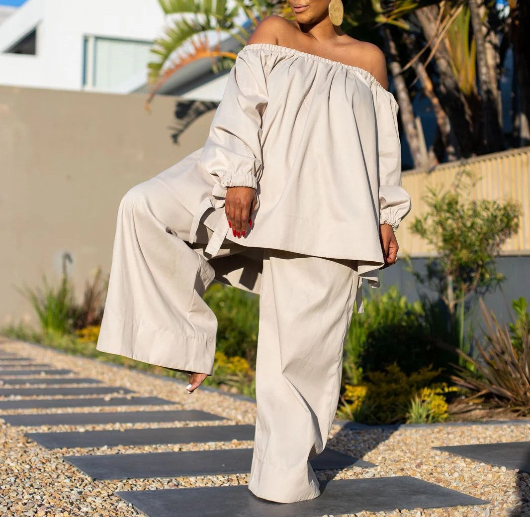 Loose-Fitting Off-Shoulder Top And Wide-Leg Pants Set