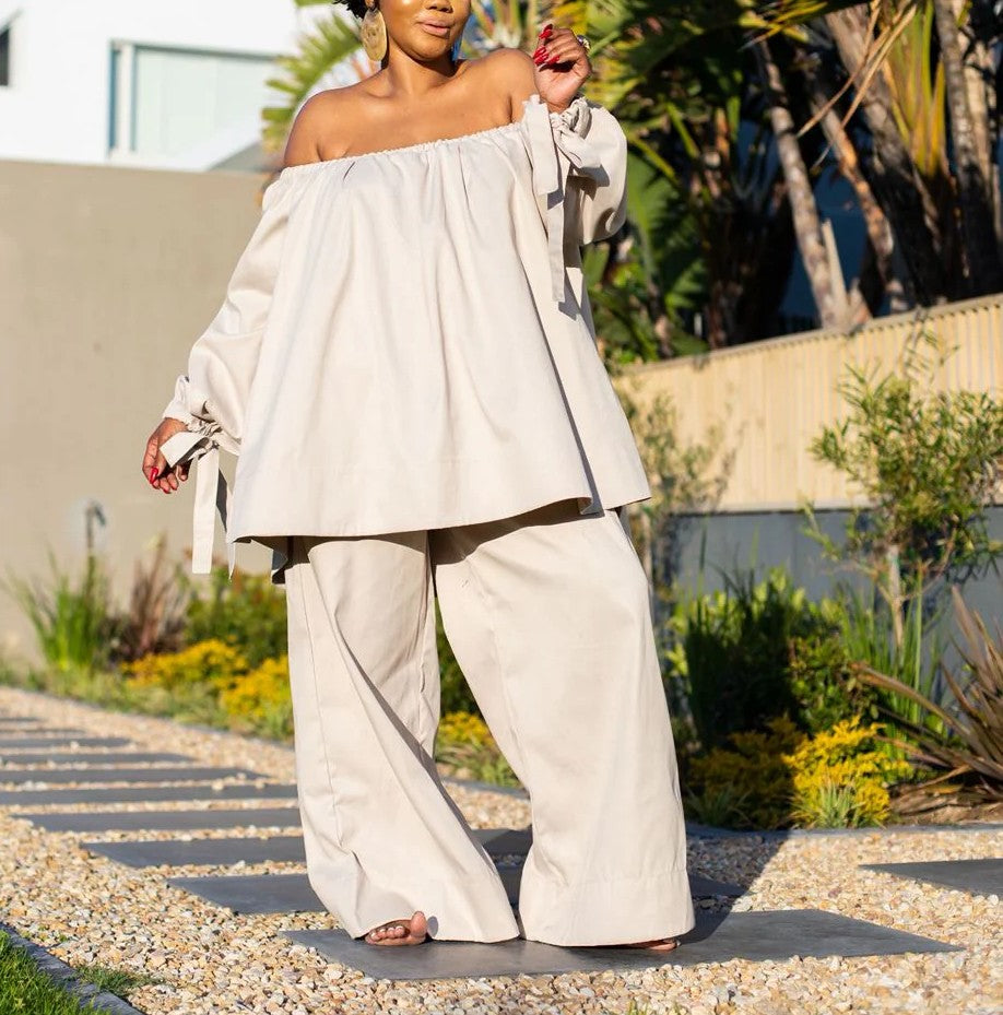 Loose-Fitting Off-Shoulder Top And Wide-Leg Pants Set