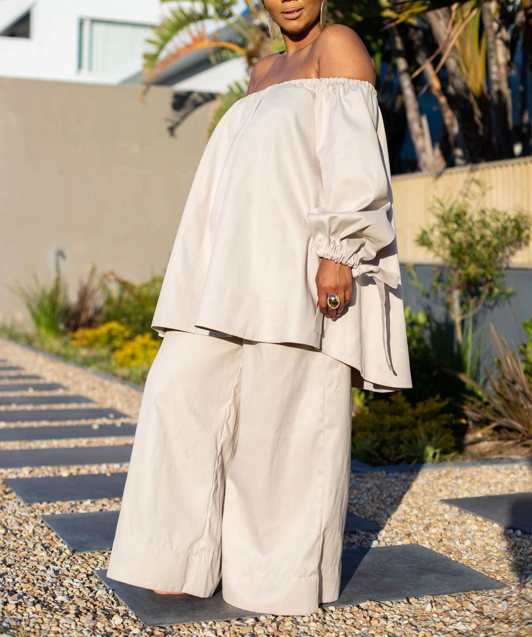 Loose-Fitting Off-Shoulder Top And Wide-Leg Pants Set