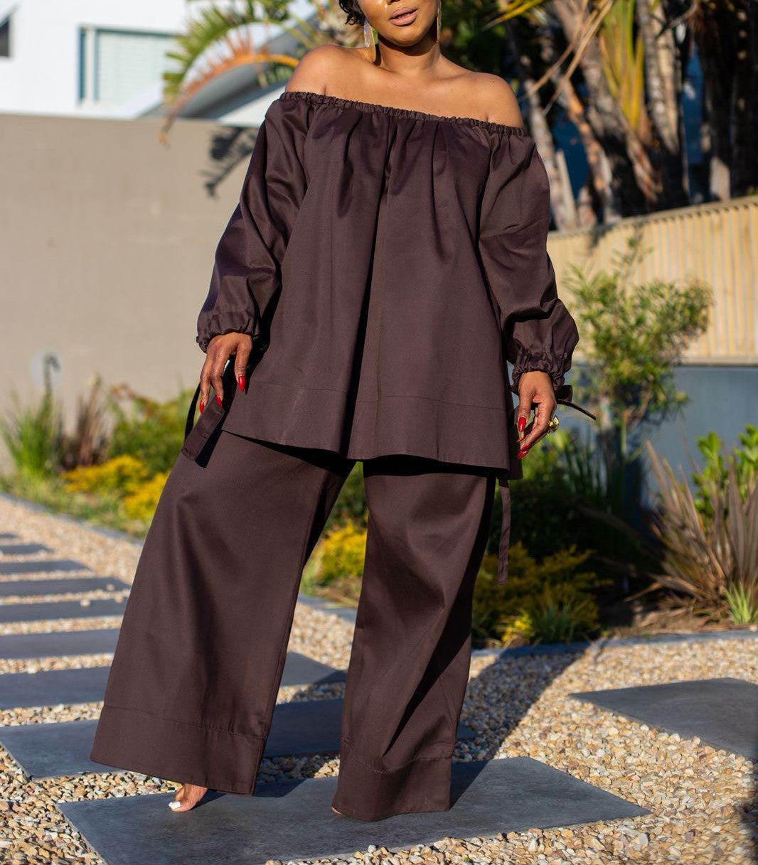 Loose-Fitting Off-Shoulder Top And Wide-Leg Pants Set