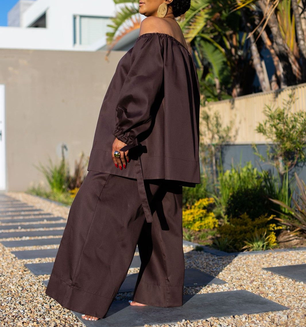 Loose-Fitting Off-Shoulder Top And Wide-Leg Pants Set