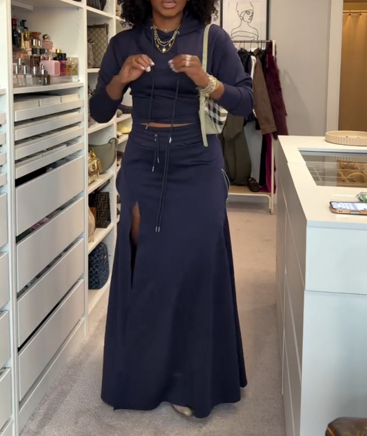 Long-Sleeved Hooded Sweatshirt and High-Waisted Slit Skirt Set