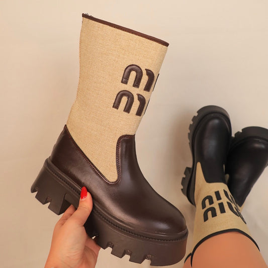 Brown Beige Patchwork Block Heel Boots