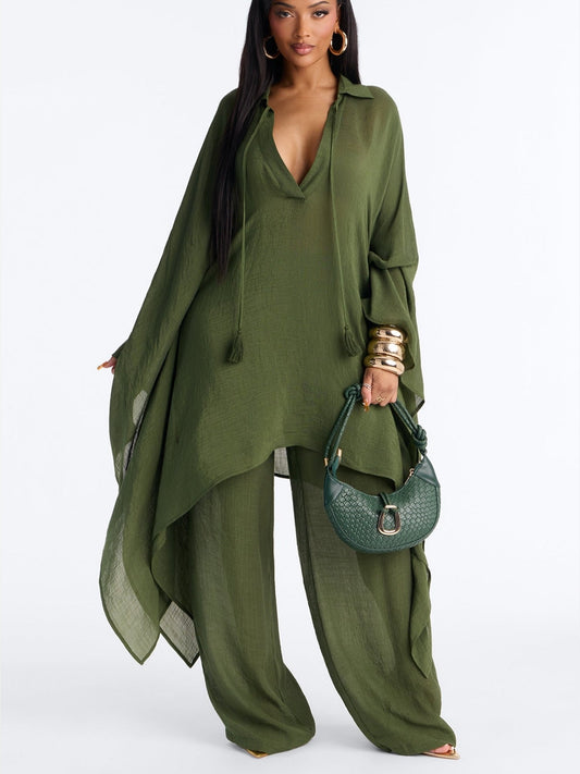 Loose-Fitting Linen Batwing Sleeve Trouser Suit