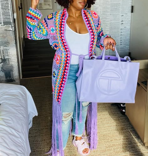 （✔️Free shipping） Crochet Cardigan with Bottom Fringe in Lavender