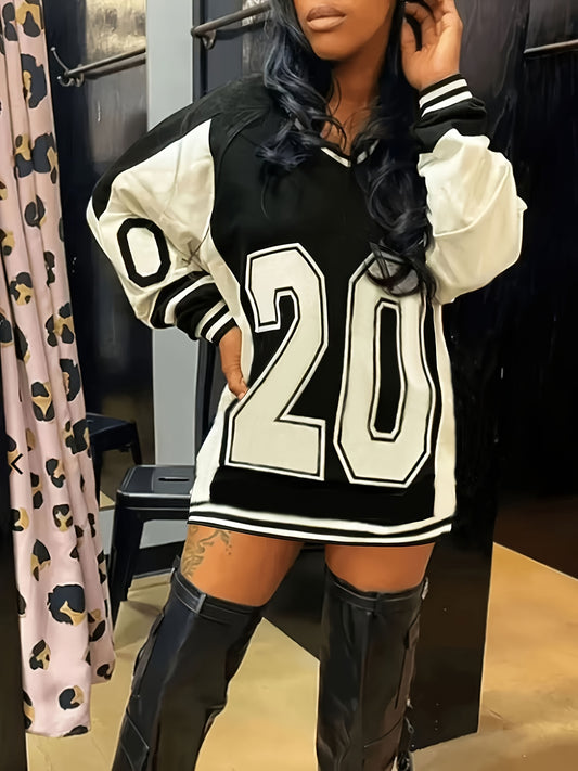 Fashionable V-Neck Black And White Letter Print Dress