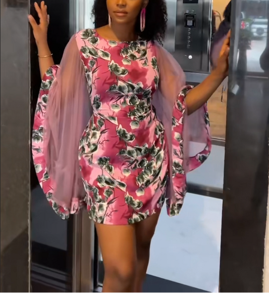 Chiffon Print Long-Sleeve Mini Dress