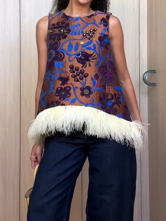 Printed Sleeveless Feather Trim Top