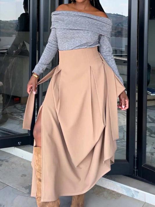 Khaki High Waist Split Belted Skirt