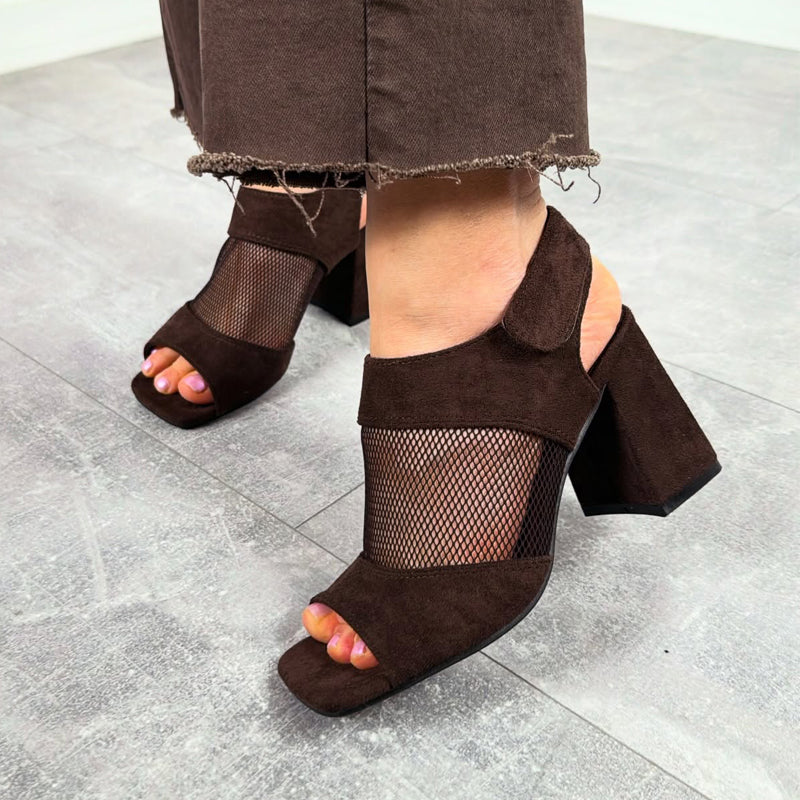 Fashion Mesh Cutout Thick Heel Fishmouth Sandals
