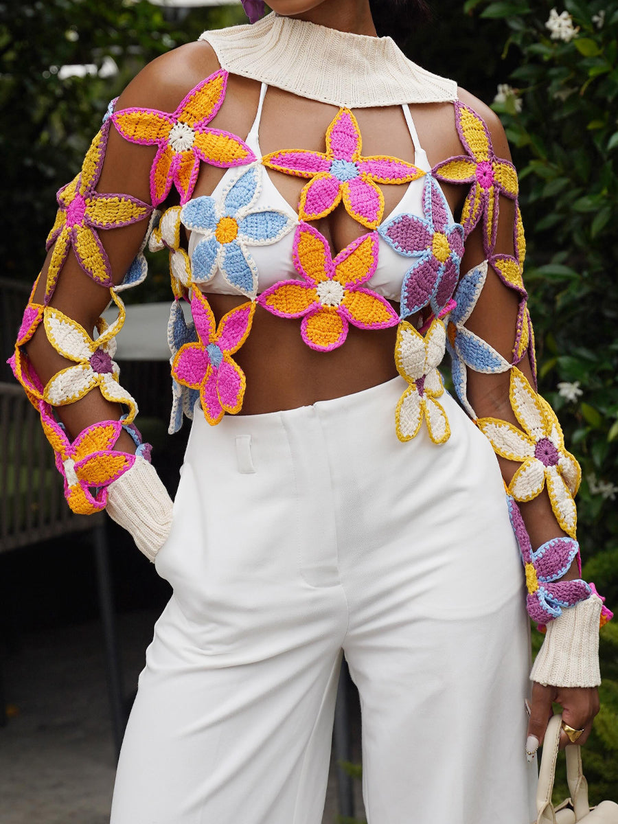 Hand Crocheted Fashion Turtleneck Crop Sweater