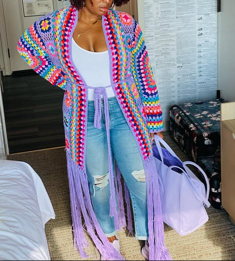 （✔️Free shipping） Crochet Cardigan with Bottom Fringe in Lavender