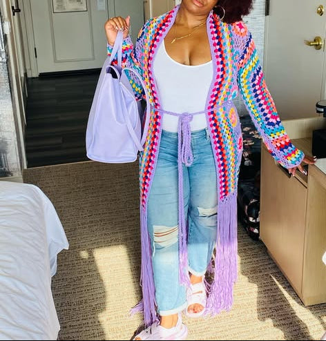 （✔️Free shipping） Crochet Cardigan with Bottom Fringe in Lavender