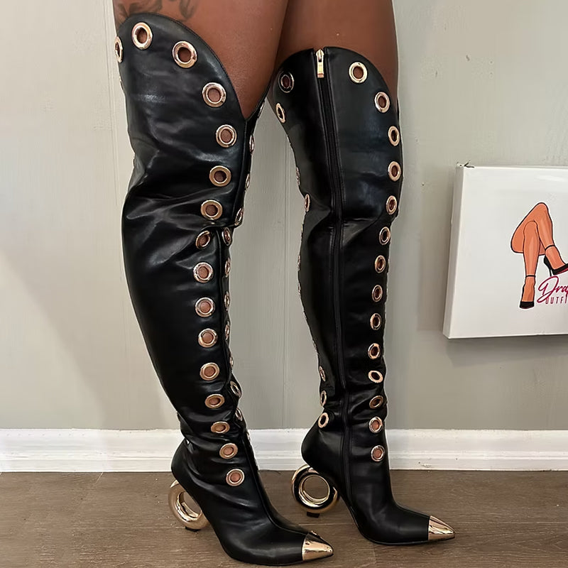 Pointed Toe Hollowed Out Thigh High Boots