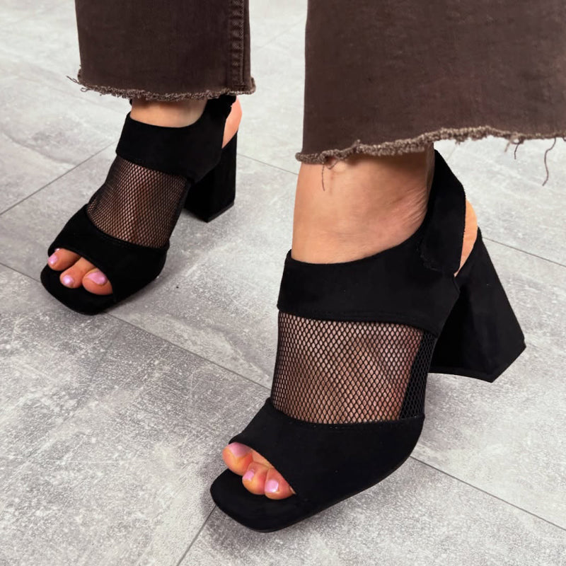 Fashion Mesh Cutout Thick Heel Fishmouth Sandals