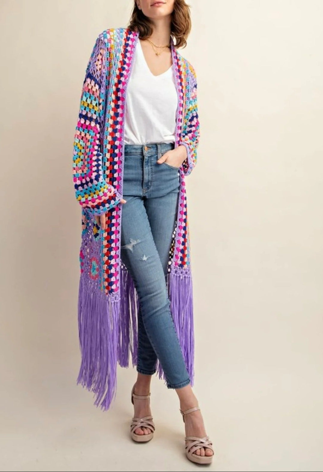 （✔️Free shipping） Crochet Cardigan with Bottom Fringe in Lavender