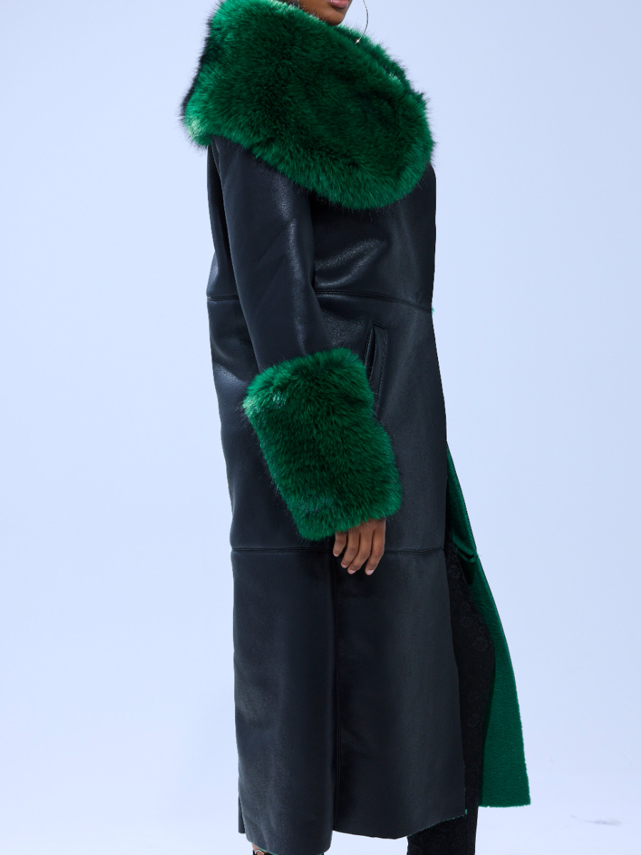 Green Fur-Trim Faux Leather Coat