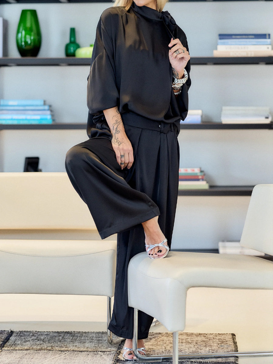 Graceful Shoulder Bow Satin Two Pieces Set