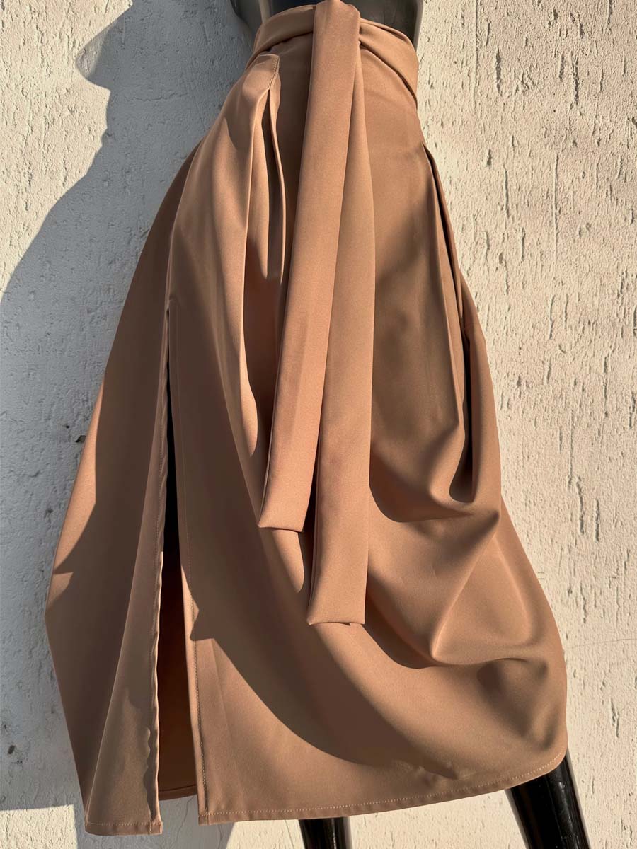 Khaki High Waist Split Belted Skirt