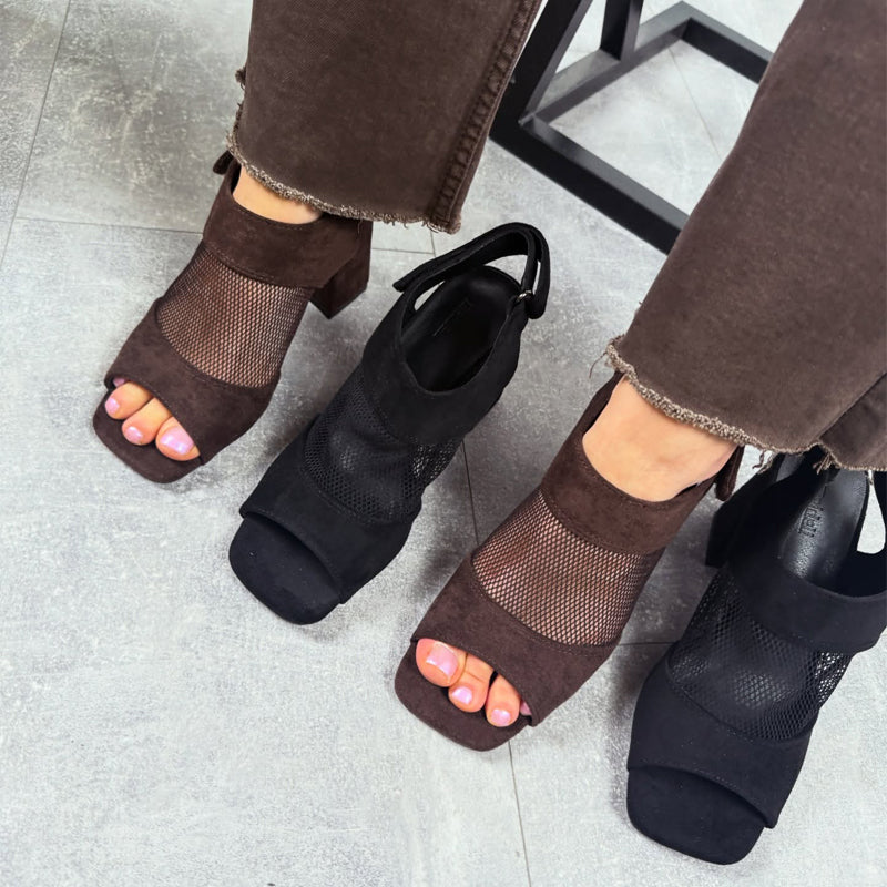 Fashion Mesh Cutout Thick Heel Fishmouth Sandals