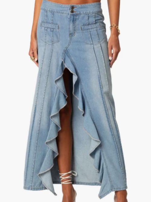 Denim Ruffled High Split Skirt